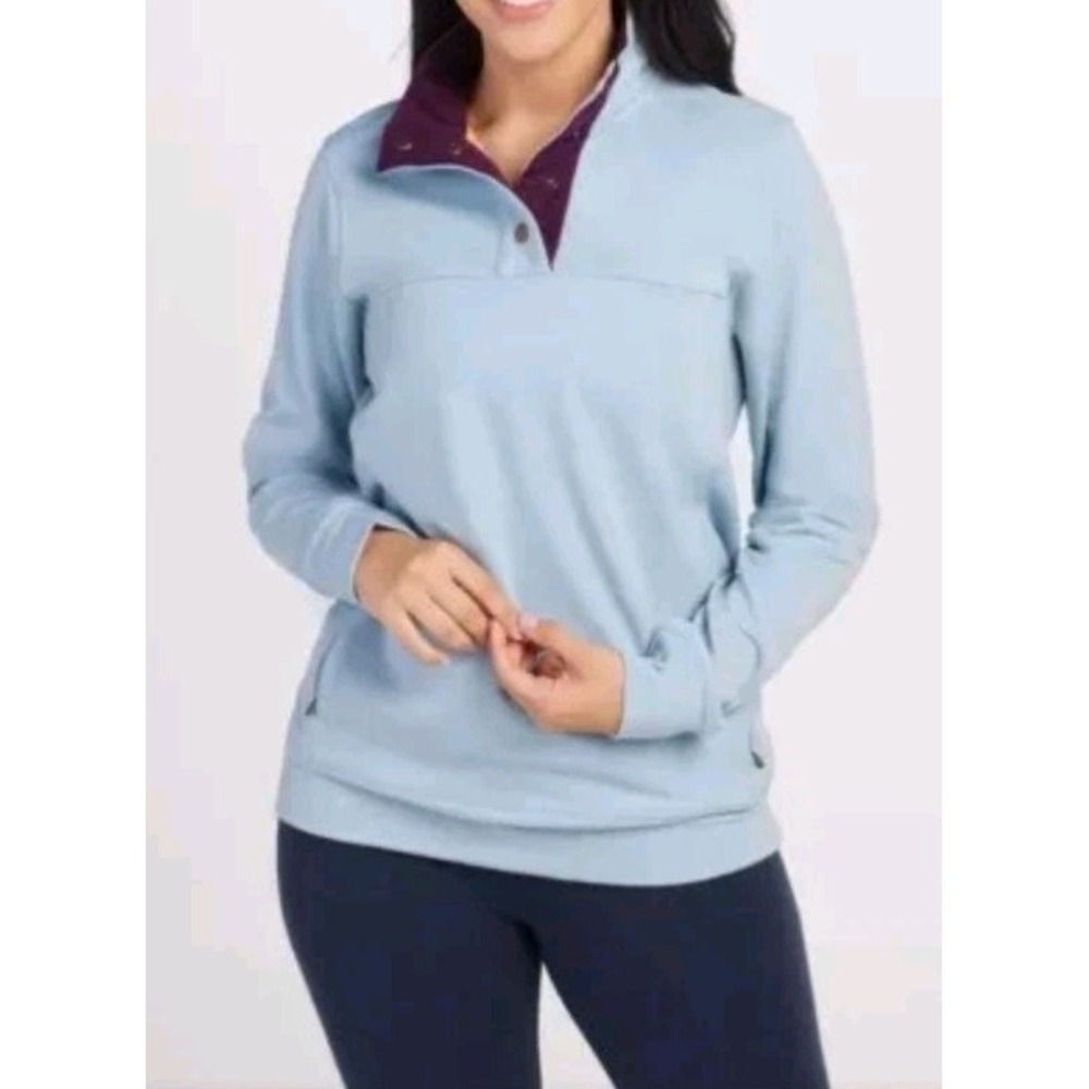 Woolx Charlie Merino Wool Pullover Women's Sz L Blue Zip Pockets - Picture 2 of 7